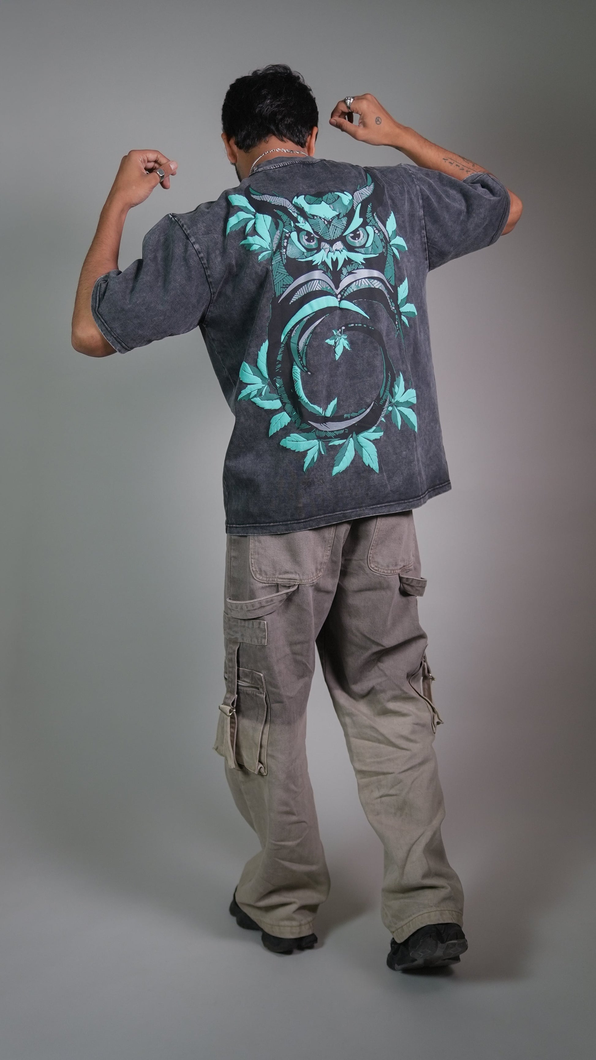 Owl Vision Dark Grey Acidwash Men’S Oversized T-Shirt Rustlines