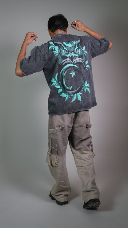 Owl Vision Dark Grey Acidwash Men’S Oversized T-Shirt Rustlines