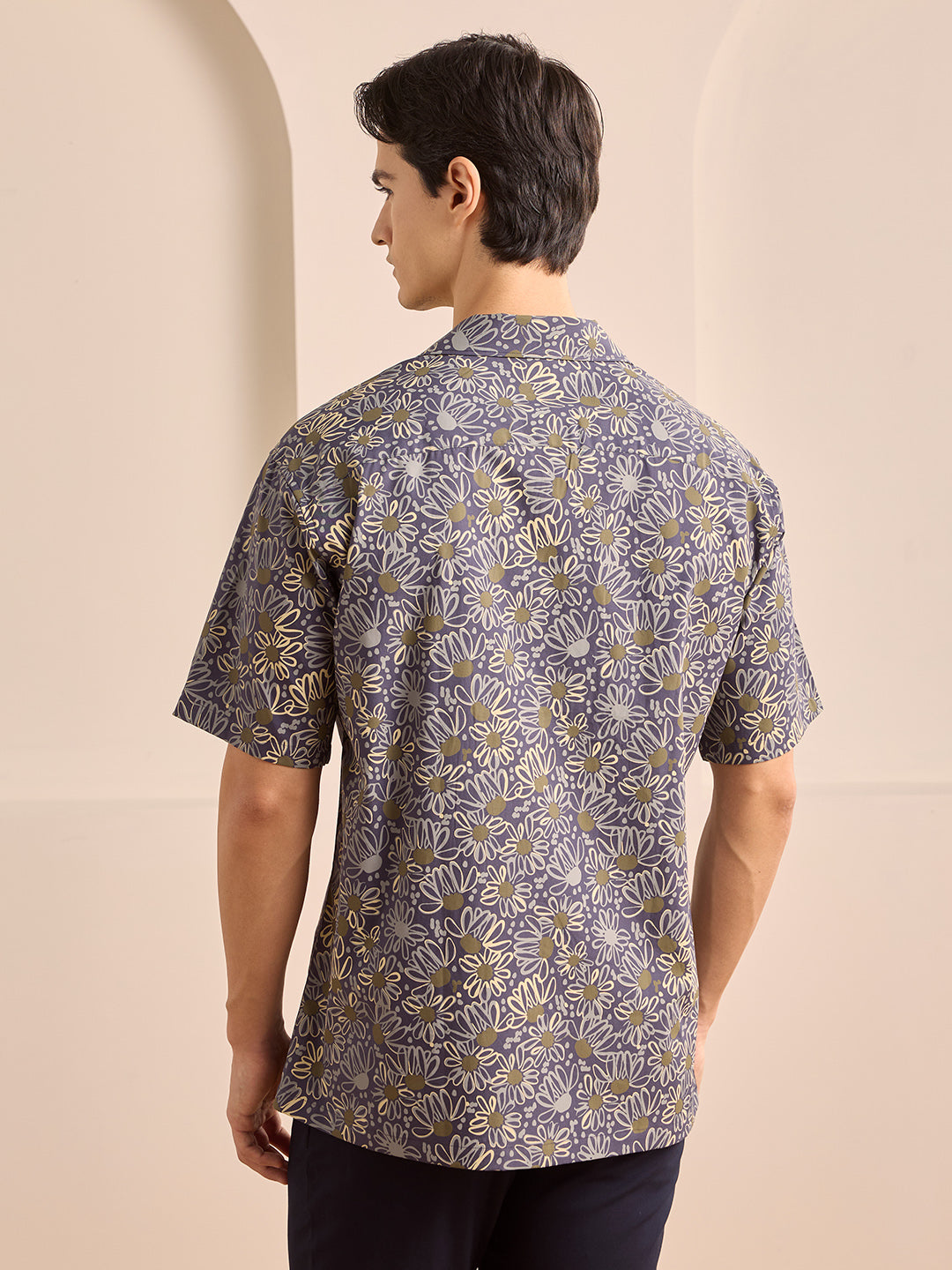 Navy Blue Regular Fit Printed Casual Cotton Shirt for Men (LUMAS)