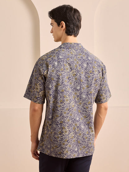 Navy Blue Regular Fit Printed Casual Cotton Shirt for Men (LUMAS)