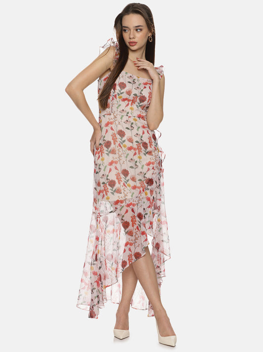 Multicolor High Low Dress For Women In Off-White