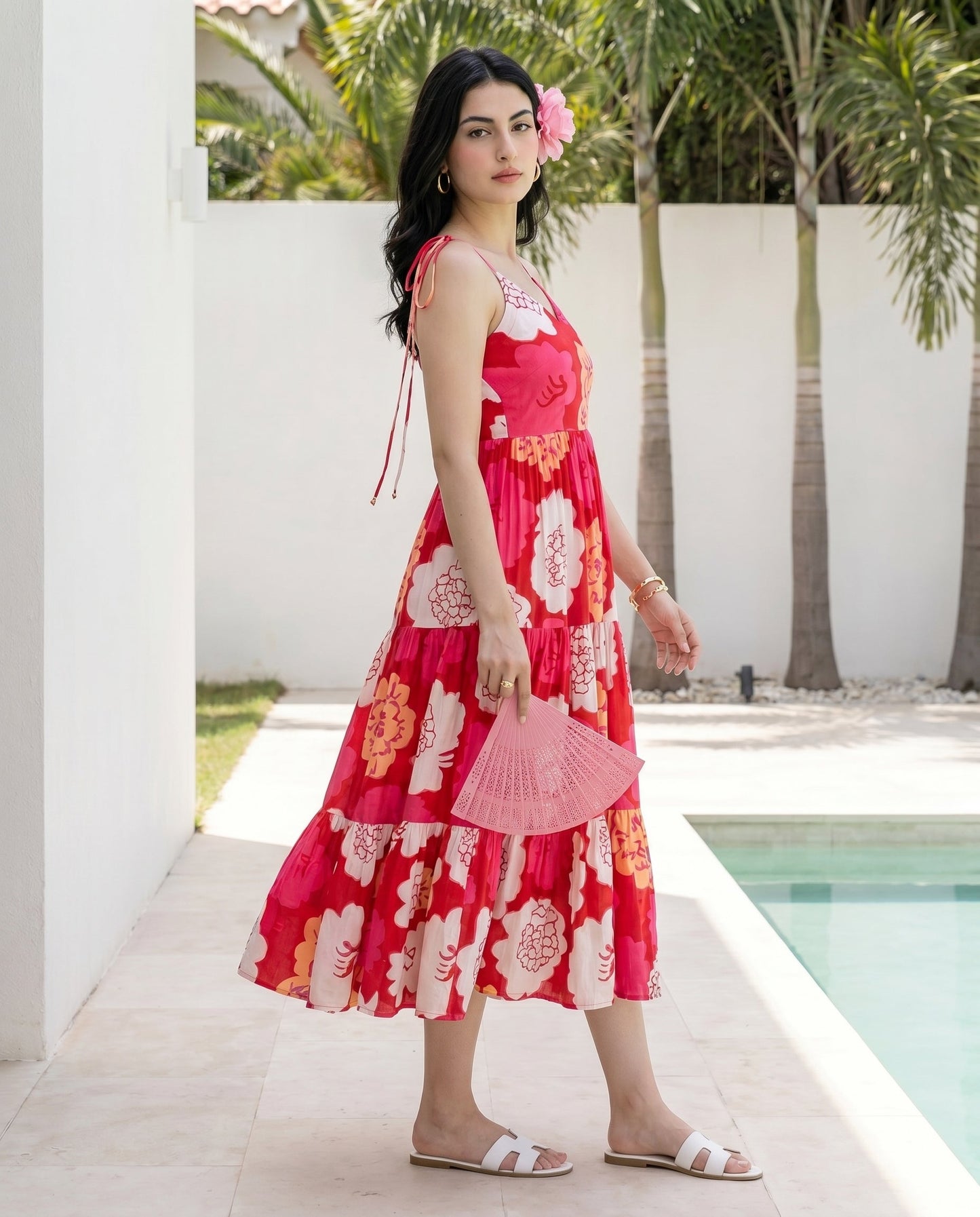 Red Animated Floret Tiered Dress