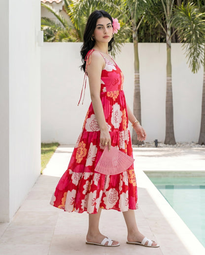 Red Animated Floret Tiered Dress