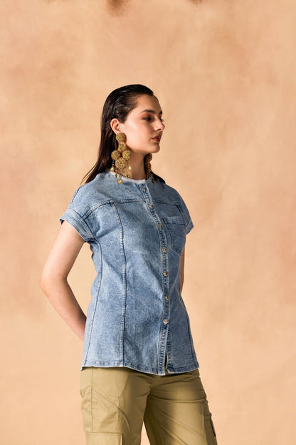 Button-Up Stone Washed Denim Shirt