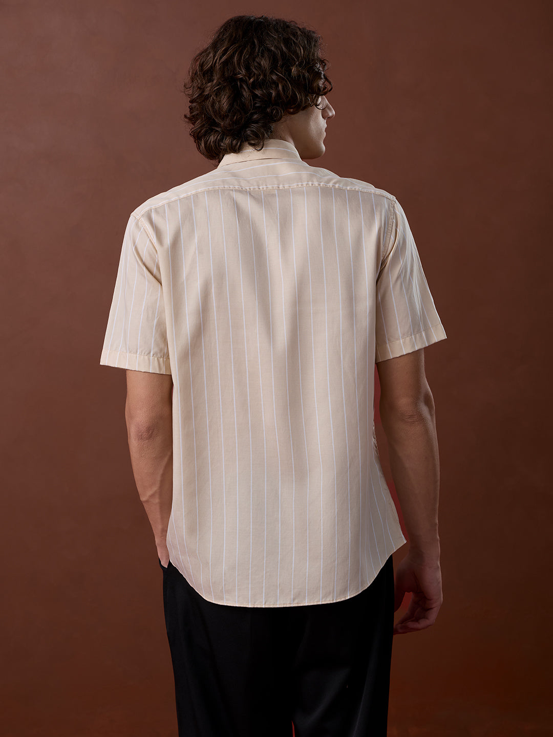 Beige Regular Fit Striped Smart Casual Cotton Shirt for Men (LARIN)