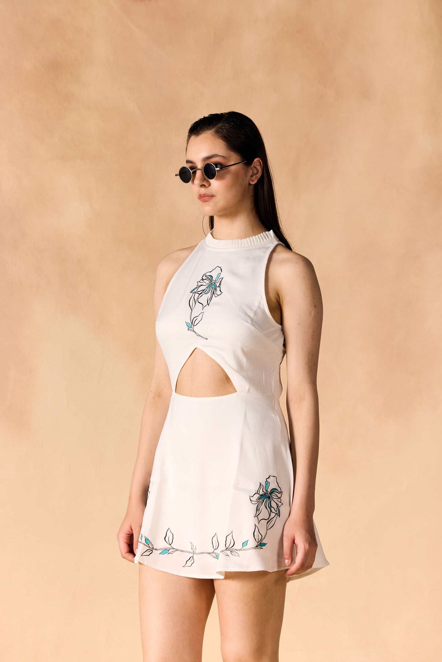 Ruffled Band Collar Embroidered Short Dress