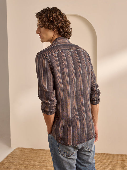 Brown Slim Fit Striped Casual Linen Shirt for Men