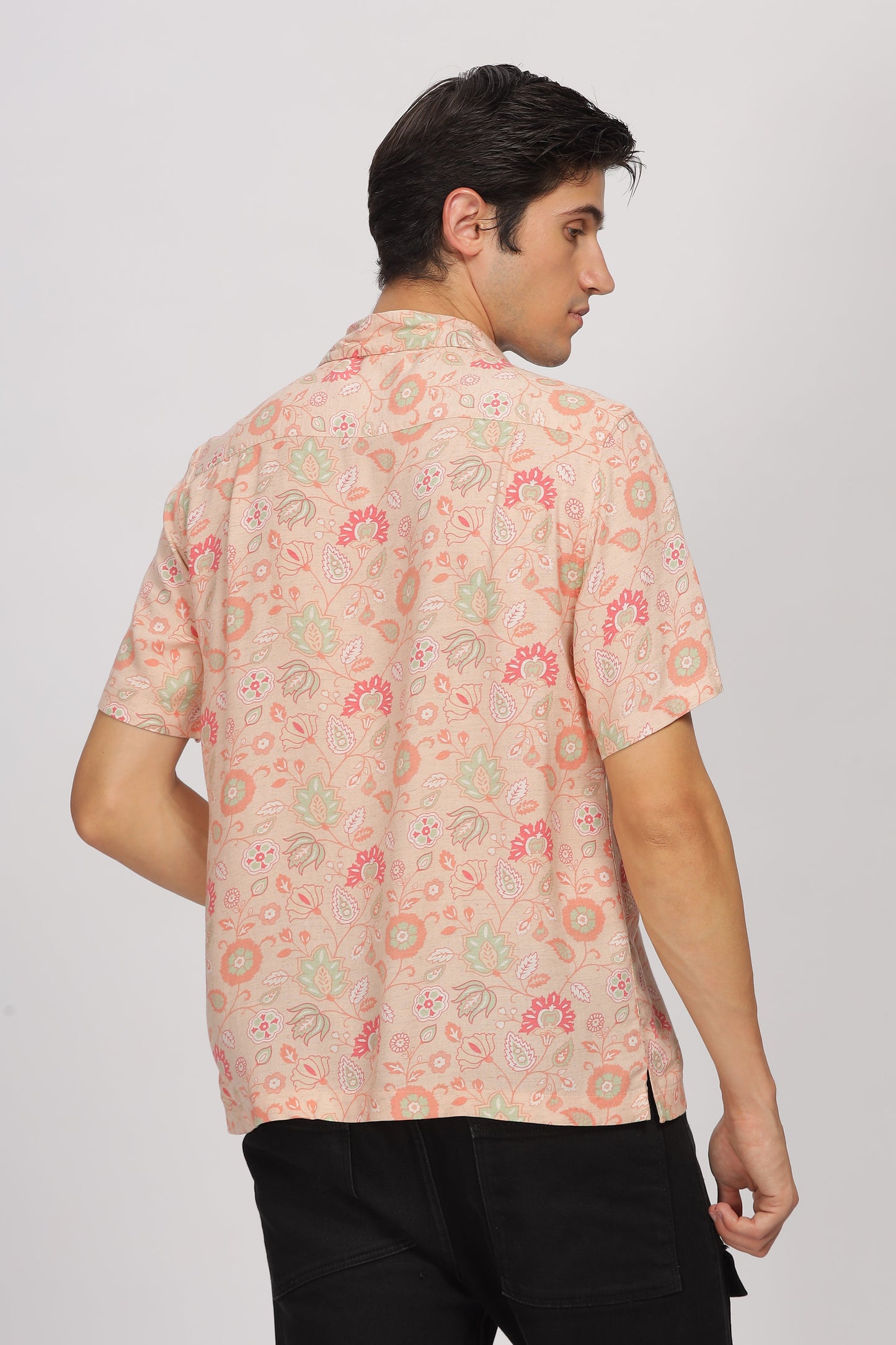 Uri Peach Printed Cuban Collar Shirt