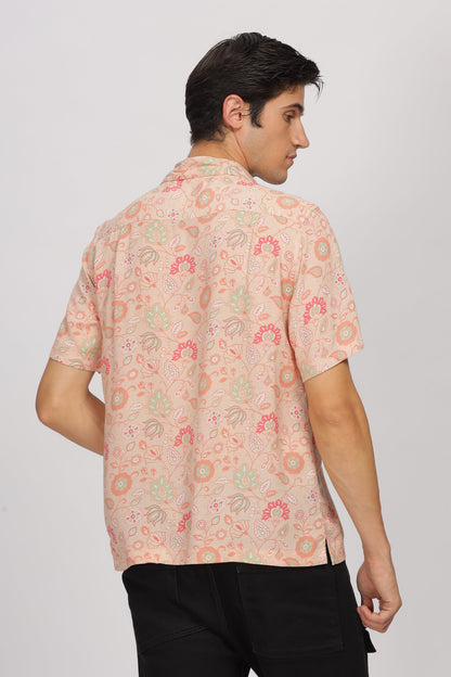 Uri Peach Printed Cuban Collar Shirt