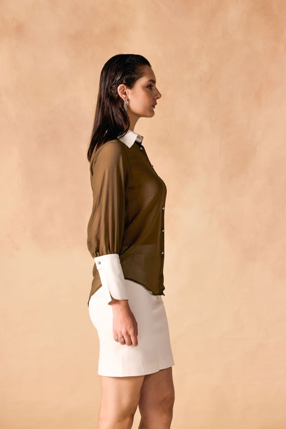 Button-Up Contrast Trim Georgette Sheer Shirt