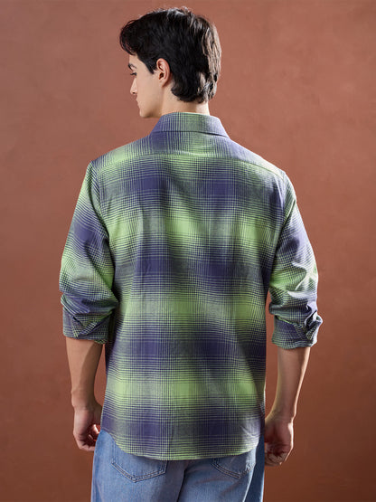 Green Regular Fit Checked Casual Cotton Shirt for Men (LALIN)