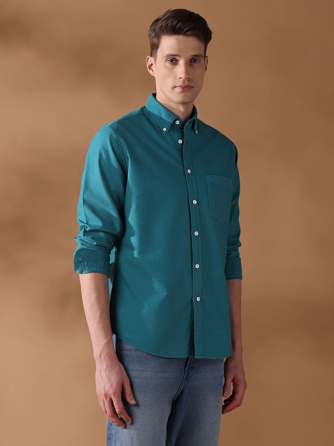 Teal Blue Regular Fit Solid Casual Shirt for Men (OWEN)