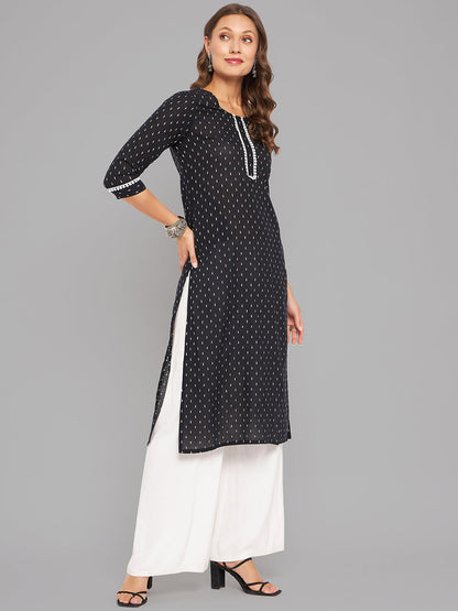 Women Black Woven Design Kurta With Lace