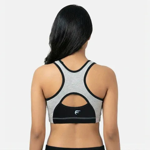 Padded non-wired full coverage sports bra for women in grey melange black