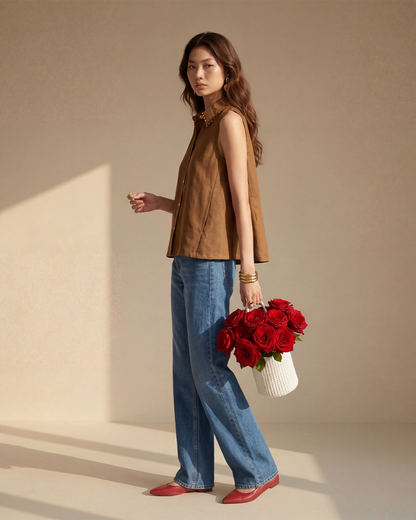 Brown Sleeveless Linen Shirt