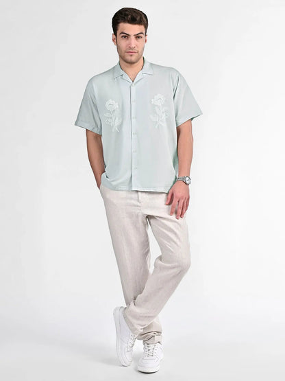 Men's Box-Fit Embroidered Linen Baby Blue Shirt Vellure