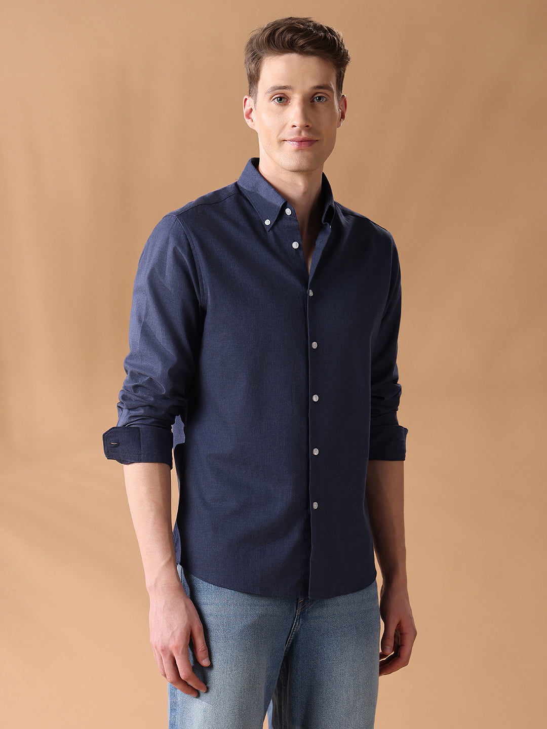 Navy Regular Fit Solid Casual Shirt for Men (CORDO)