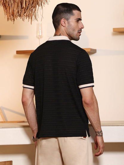 Black Textured Polo T-shirt with Contrast Tipping