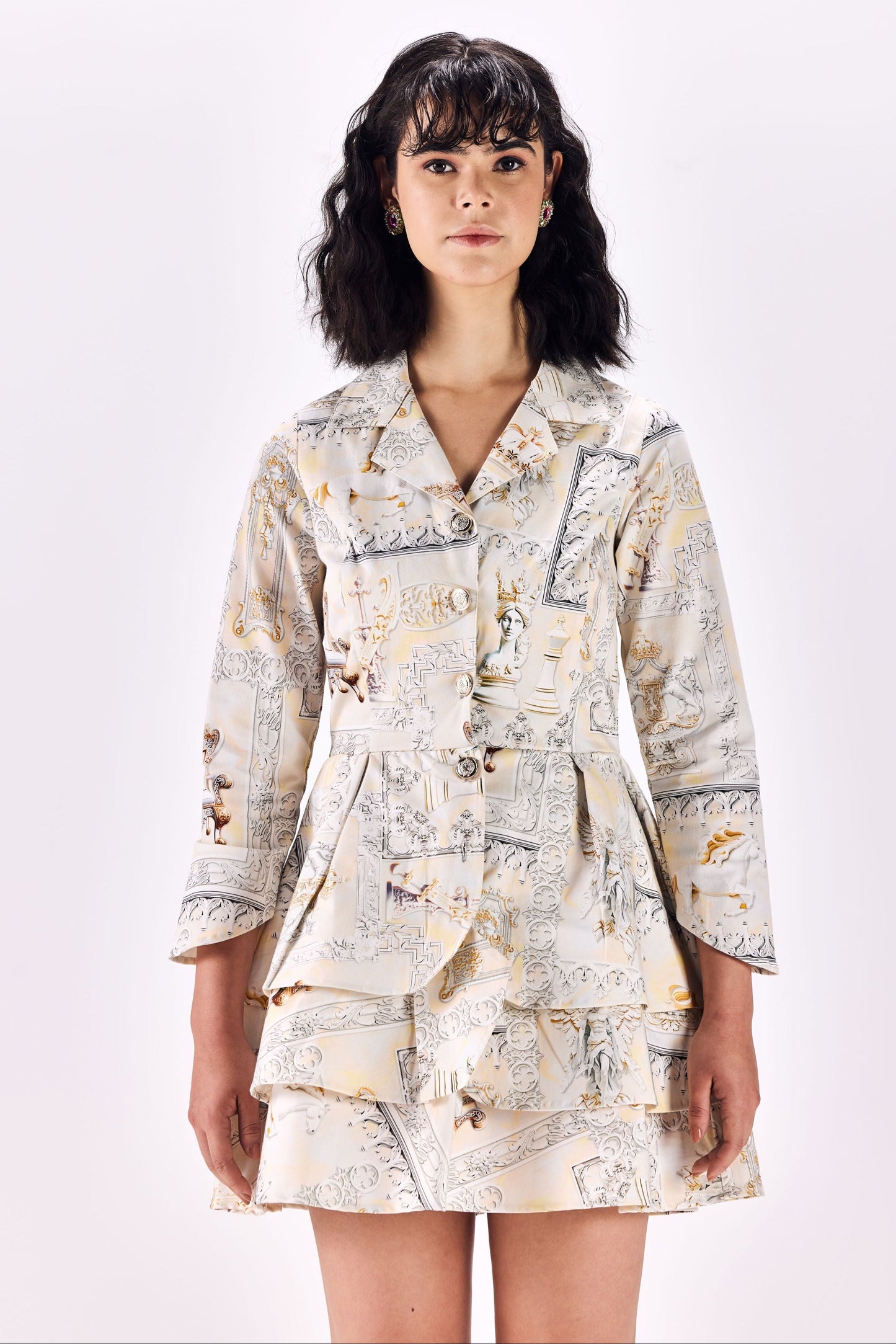 Button-Up Renaissance King Print Short Dress