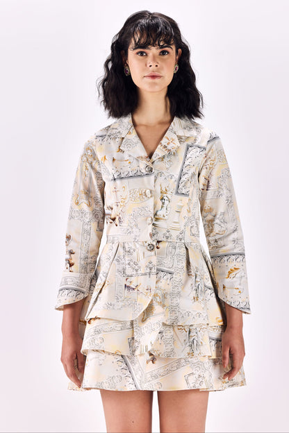 Button-Up Renaissance King Print Short Dress