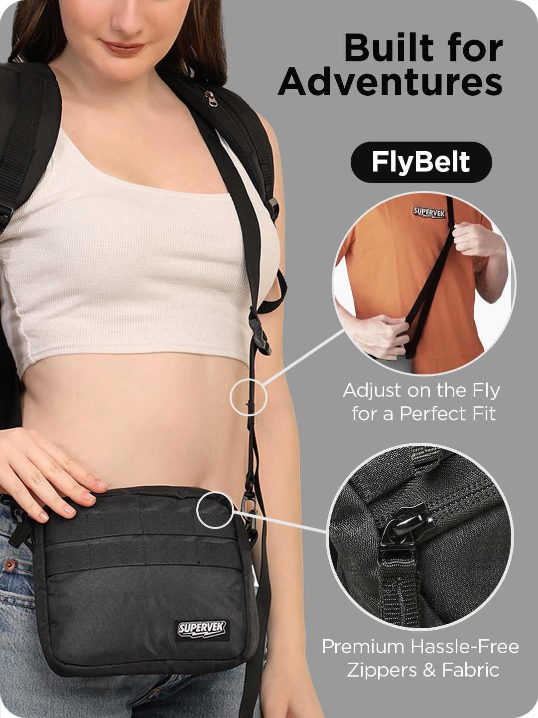 Supervek "Messenger" bag with adjustable FlyBelt strap, shown worn with backpack for active adventures