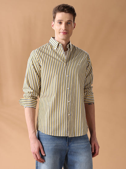 Yellow Regular Fit Striped Casual Shirt for Men (DIGEO)