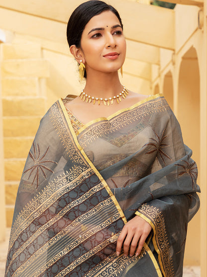 Grey Palm Tree Organza Saree