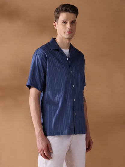 Navy Blue Regular Fit Stripes Casual Shirt for Men (NAZAR)