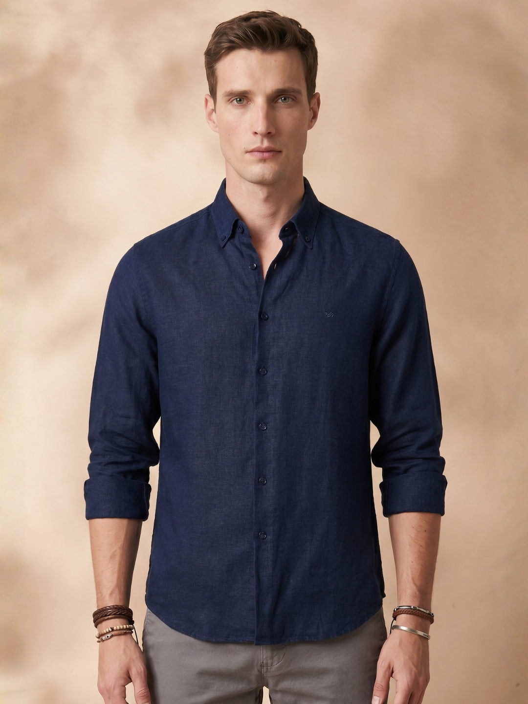 Regular Fit Navy Blue Linen Solid Casual Shirt for Men (LIBRA)