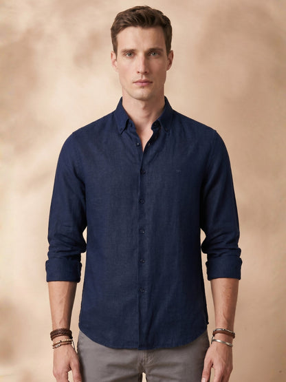 Regular Fit Navy Blue Linen Solid Casual Shirt for Men (LIBRA)