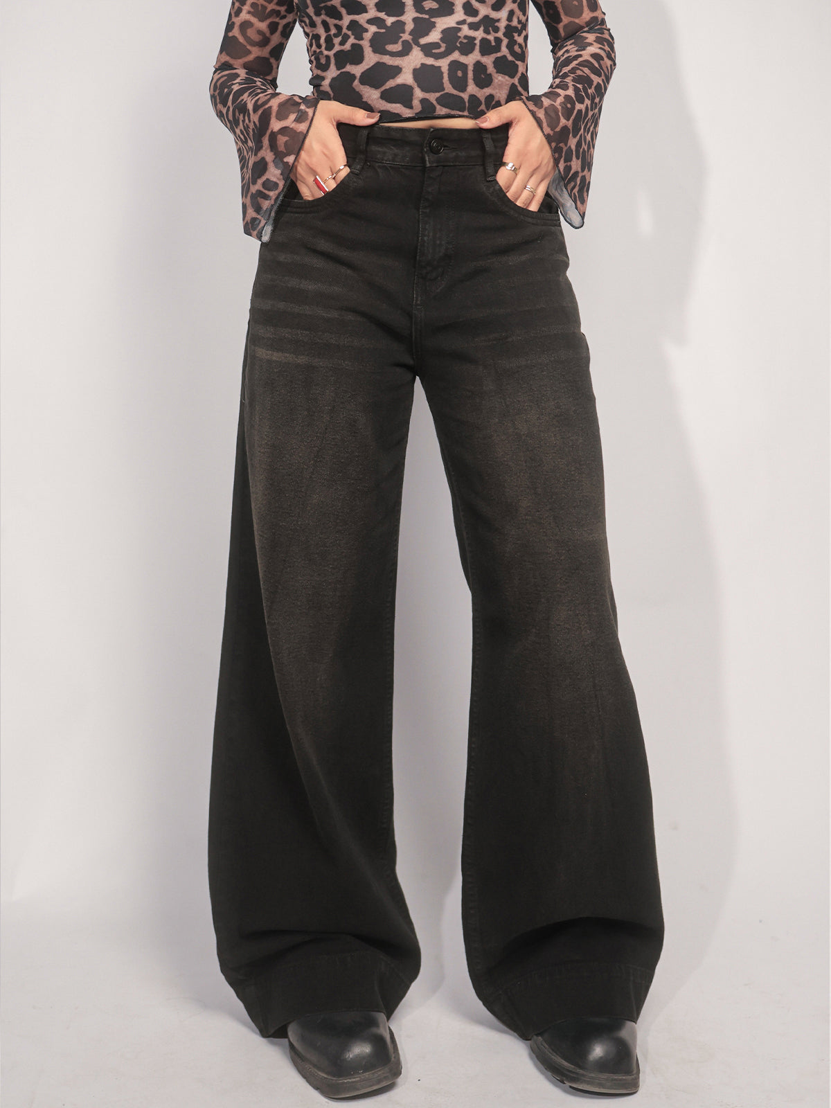Starry Black Tinted Wide Leg Jeans
