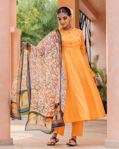 Orange & Green Kalamkari Suit Set