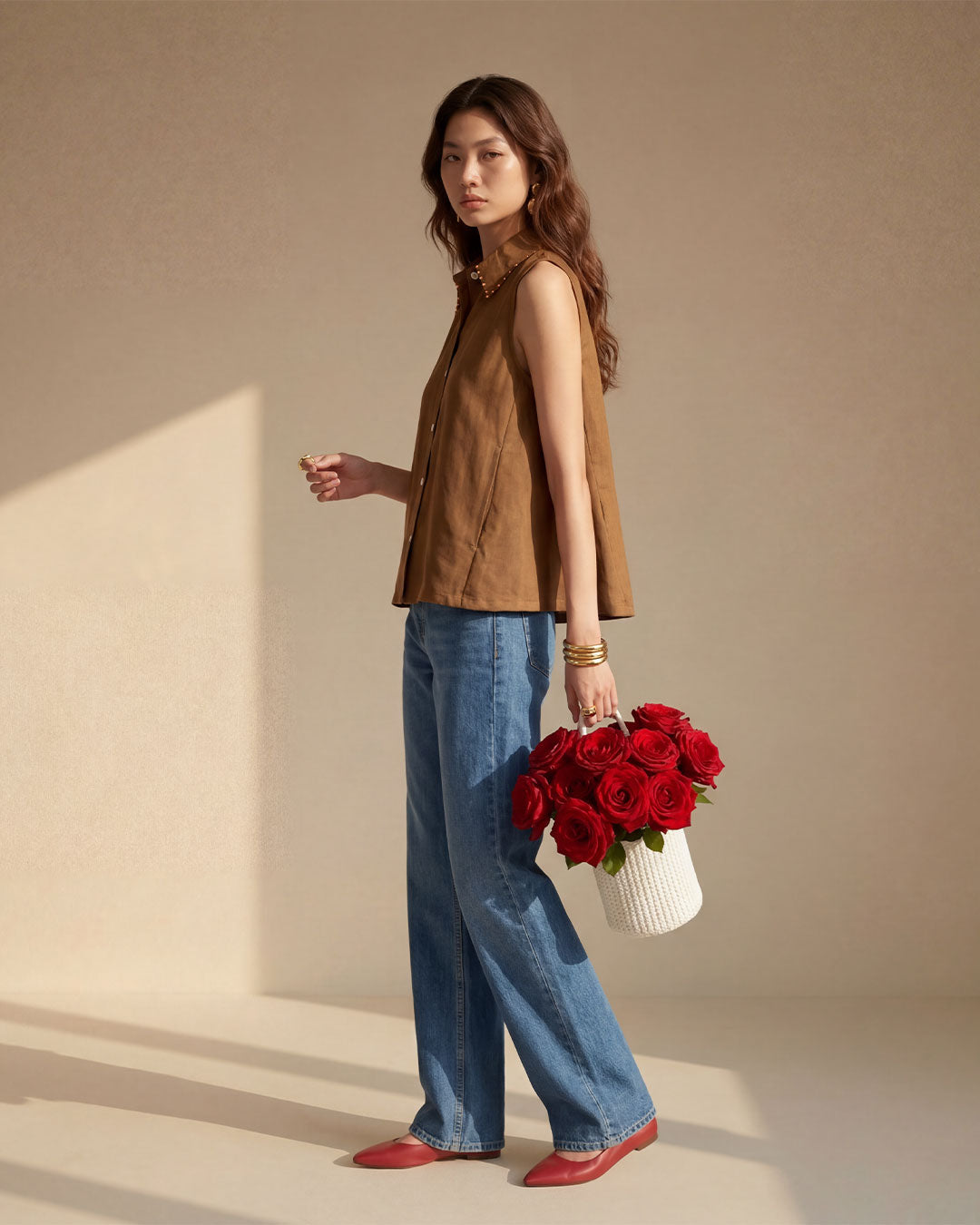 Brown Sleeveless Linen Shirt