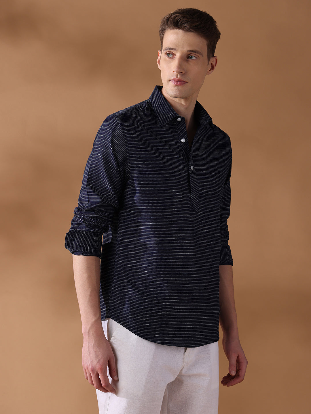 Navy Blue Regular Fit Stripes Casual Shirt for Men (LESSA)