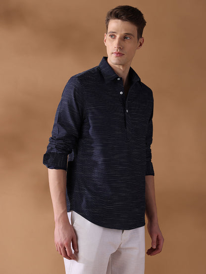 Navy Blue Regular Fit Stripes Casual Shirt for Men (LESSA)
