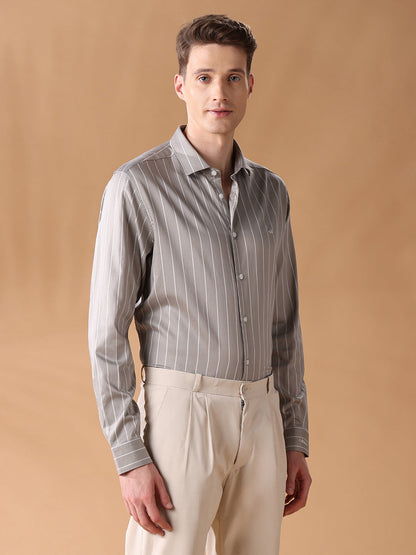 Grey Regular Fit Striped Formal Shirt for Men (FIANA)