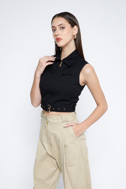 Gold Metal Zip Belted Crop Top -Black Beauty