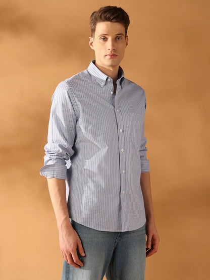 Blue Regular Fit Stripes Formal Shirt for Men (OVULO)