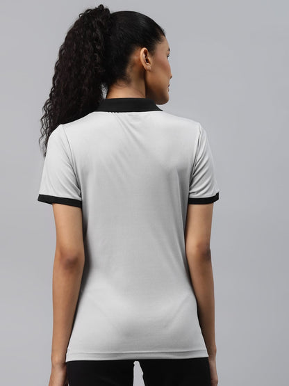 Alcis Women Grey Solid Polo Collar Slim Fit T-shirt