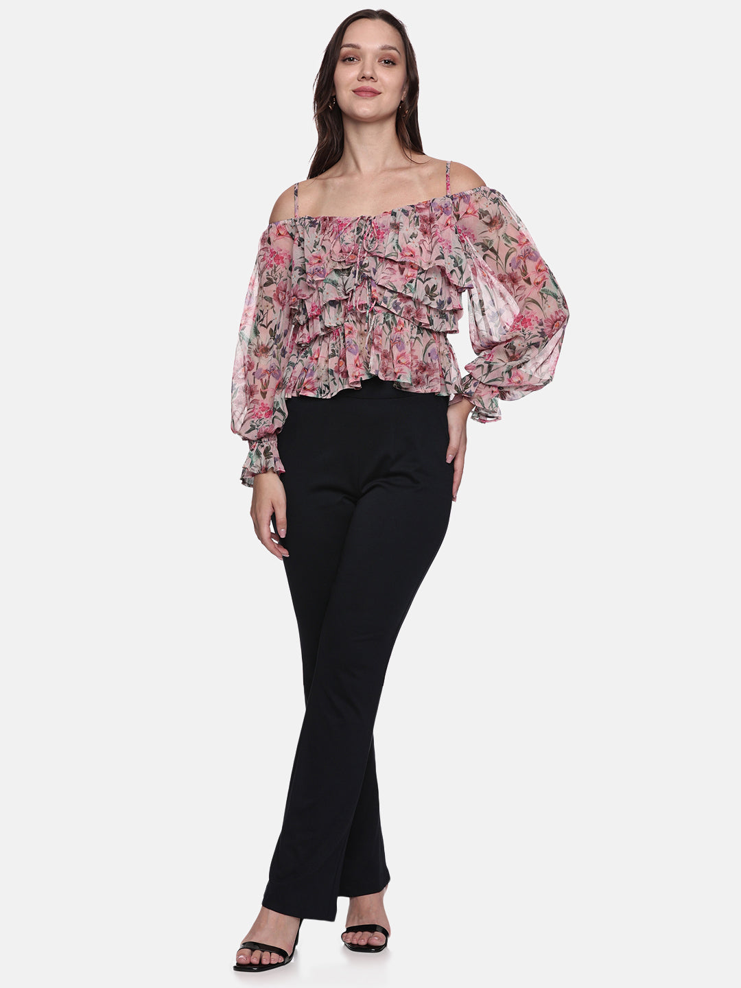 IS.U Floral Multicolor Gathered Cold Shoulder Top