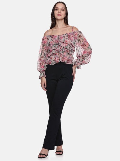 IS.U Floral Multicolor Gathered Cold Shoulder Top