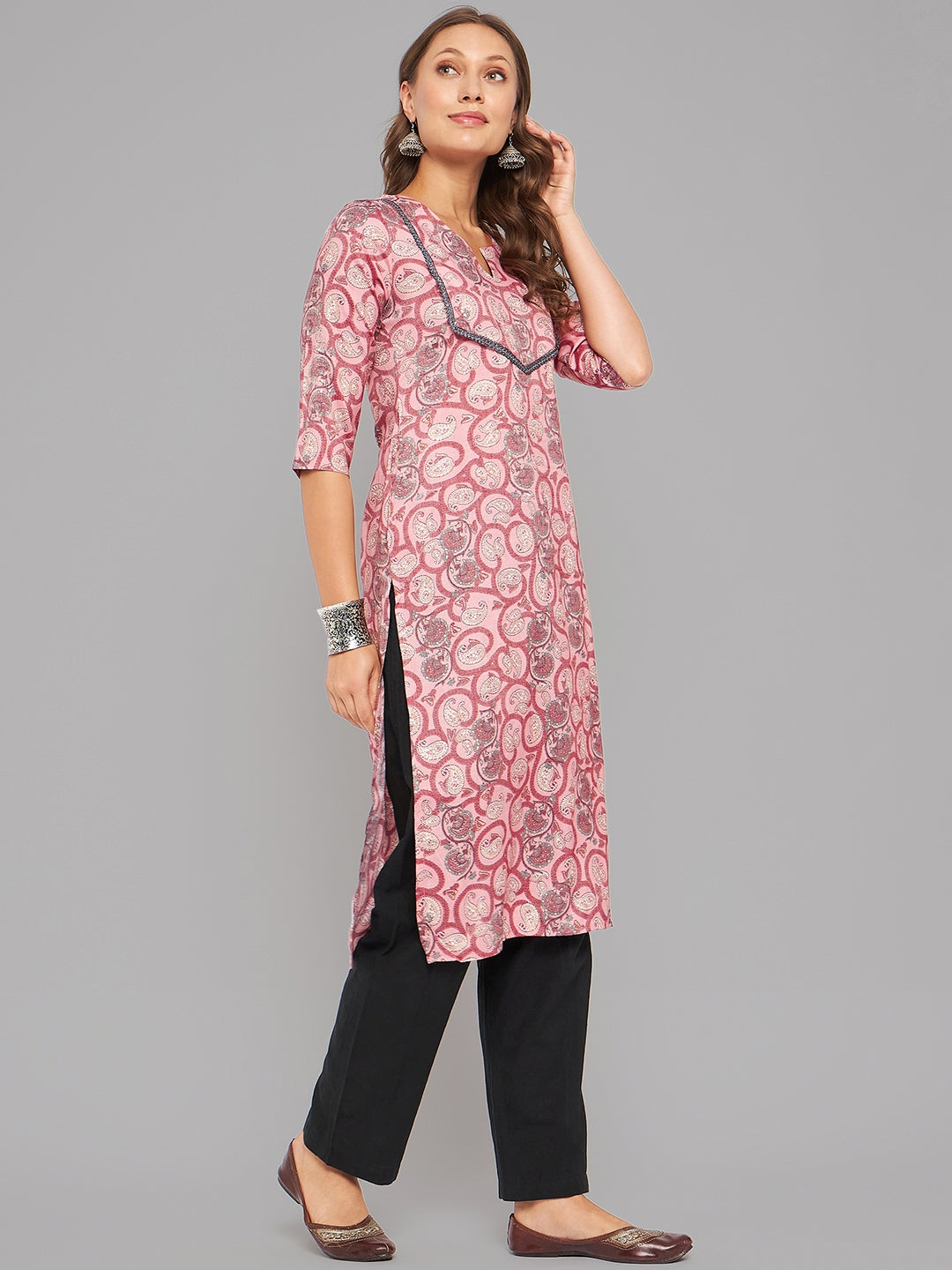 Women Pink Printed Straight Kurta Krya