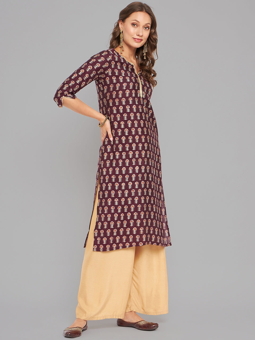 Women Purple Printed Kurta With Lace Krya