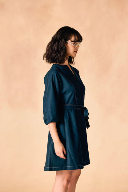 Contrast Stitch Tie Waist Fit & Flare Dress