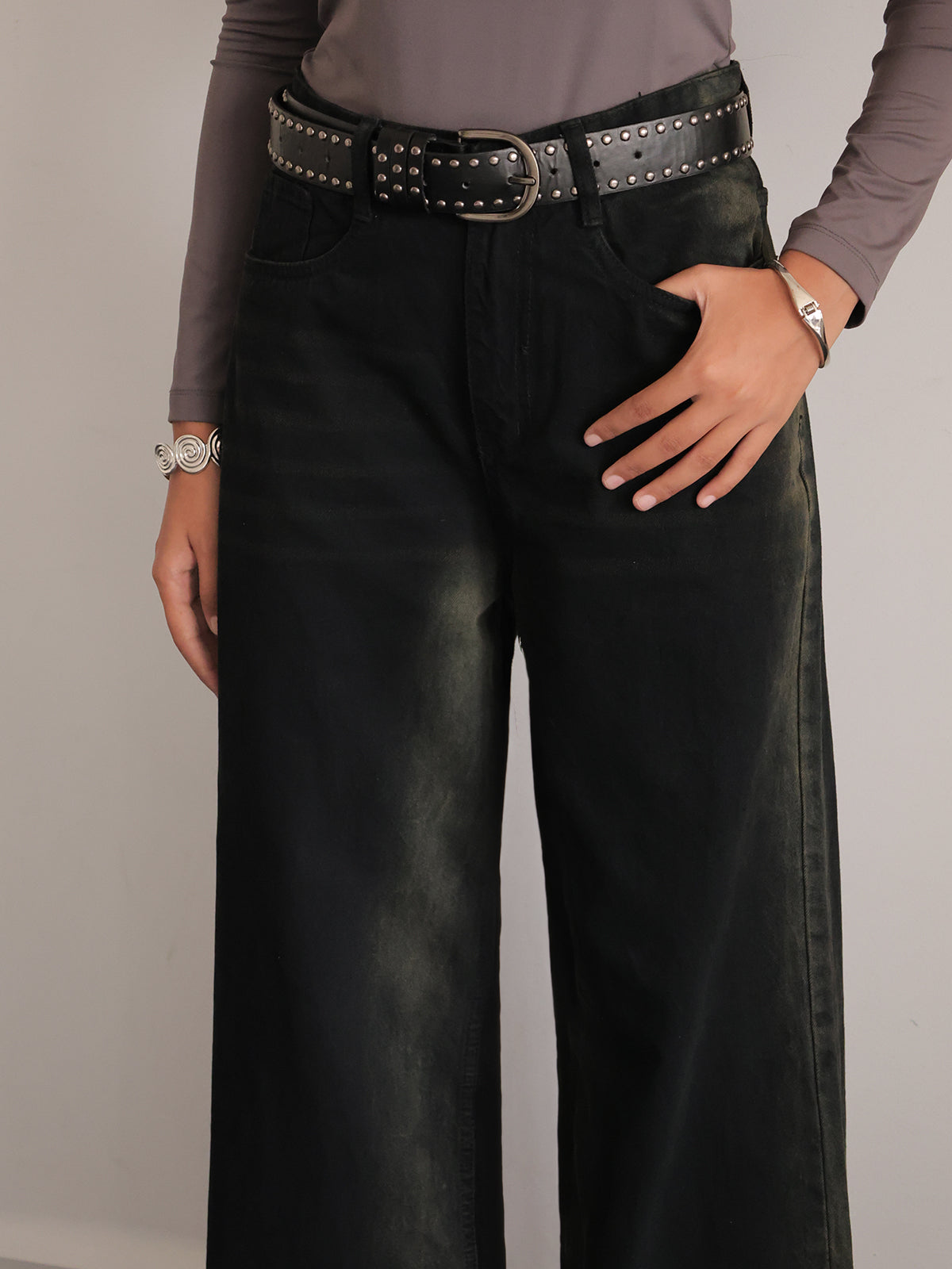 Rustic Black Ombre Washed Wide Leg Jeans