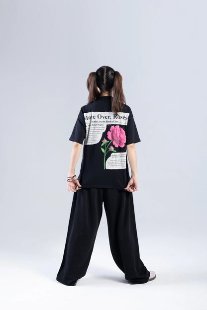 "Move Over Roses" Round Neck Printed Black T-Shirt