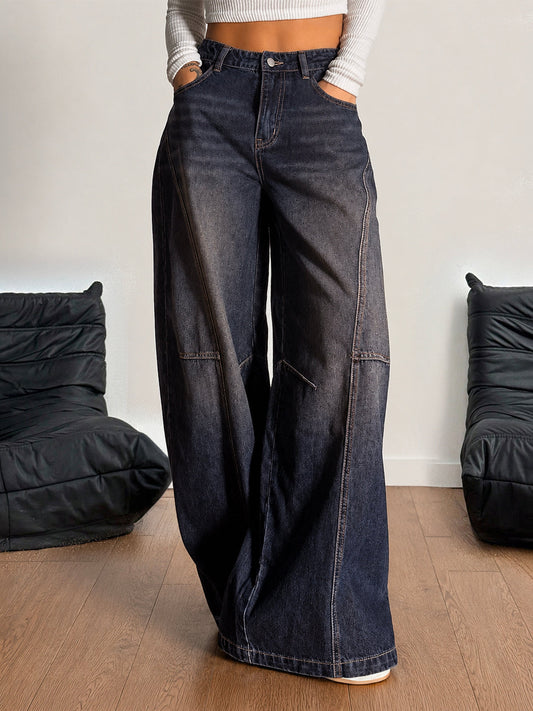 Deep Space Blue Panelled Y2K Wide Leg Jeans