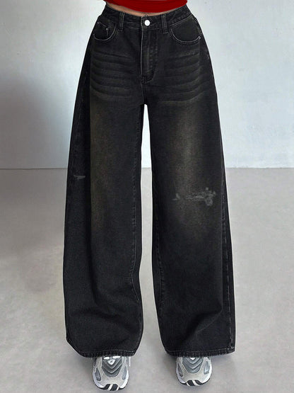 Rustic Black Tinted Ripped Wide Leg Jeans