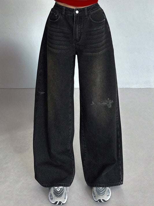 Rustic Black Tinted Ripped Wide Leg Jeans
