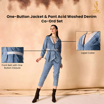 One Button Jacket & Pant Acid Washed Denim Co-Ord Set
